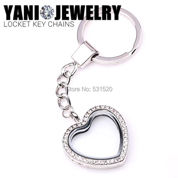 

10pcs/lot Newest Heart Magnetic Floating Locket Keychains Key Ring Glass Living Memory Locket with Rhinestones