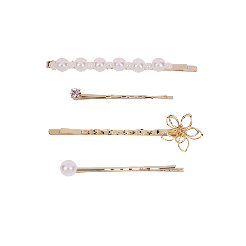 

Fashion handmade Gold Color 4pc Pearl Imitation Hair Clip Flower Snap Barrette Stick Hairpin Hair Styling Accessories For Women