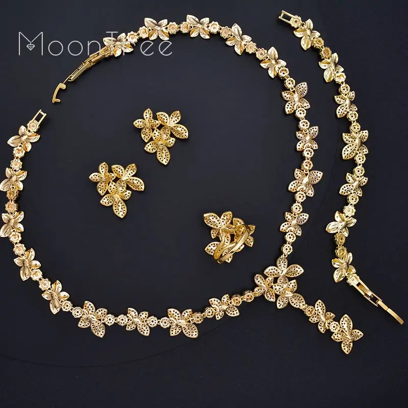 MoonTree роскошный нежный цветок полный AAA фианит 3 тона медь для женщин Свадебные цепочки и ожерелья браслет серьги кольцо комплект