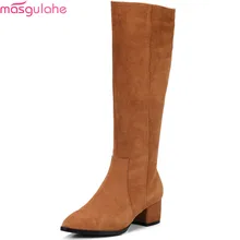 Masgulahe/Новое поступление; Модные женские ботинки; женские ботинки из коровьей замши с острым носком; сапоги до колена на молнии с квадратным каблуком; цвет черный, коричневый