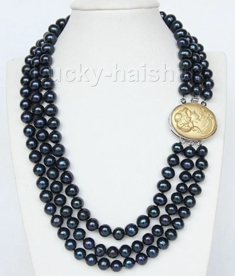 

Selling 17" 3 row Strand 9mm black FW pearls necklace cameo seashell clasp j9373
