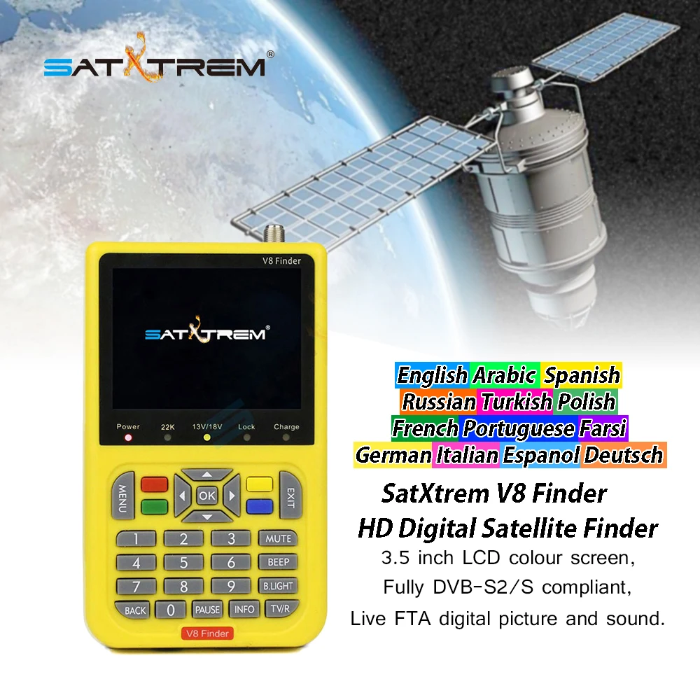 

SatXtrem V8 Finder Full HD 1080P DVB-S2 Digital Satellite TV Finder 6000 Channels 14 Countries Languages Sat Meter Receiver
