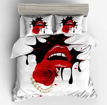 

Fashion 3D sexy lips bedding sets European American style duvet cover soft pillowcase adult print red white flowers queen king