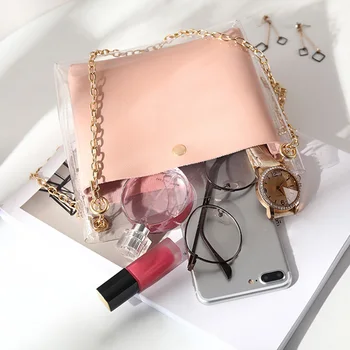 

Women Composite Bags Transparent Shoulder Bag Metal Chain Magnetic Buckle PU Purse Gift MSJ99