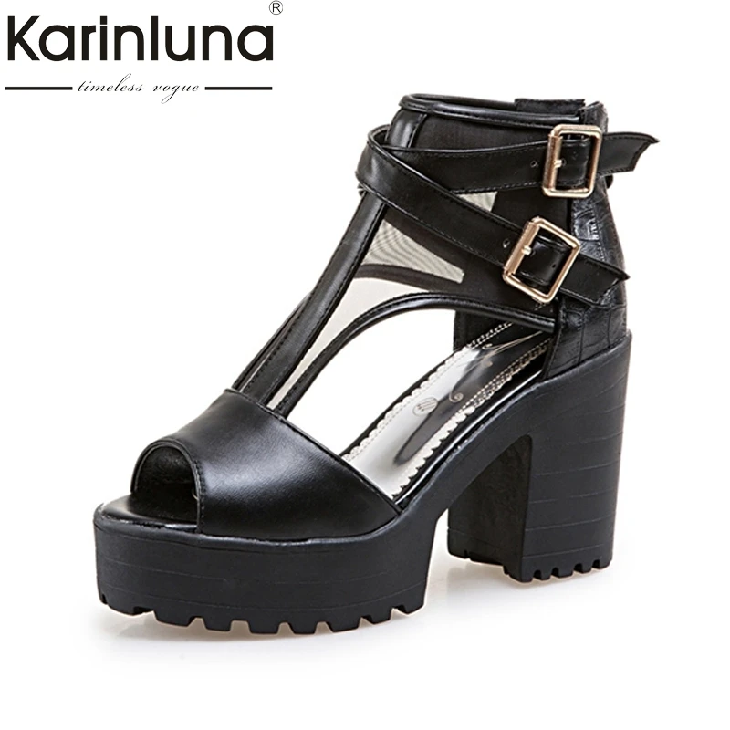 

KARINLUNA Fashion T-strap Air Mesh Summer Shoes Woman Thick High Heel Peep Toe Double Buckle Zip Platform Sandals Big Size 34-43