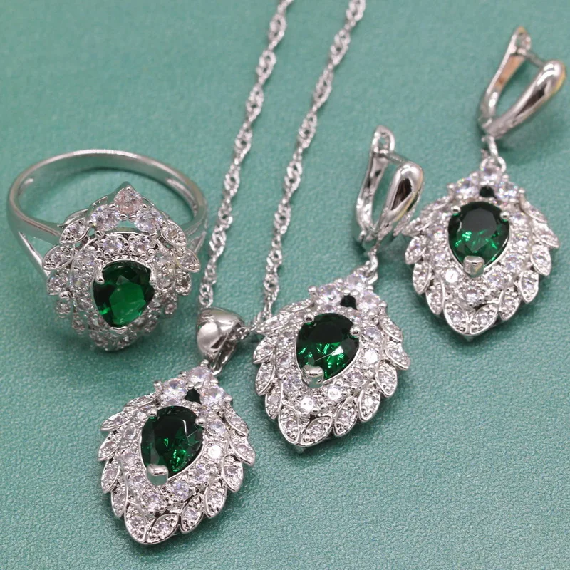 

EIOLZJ Pretty Deep Green Semi-precious Stone Silver 925 Jewelry Sets For Women Necklace Ring Dangle Earrings Free Jewellry Box