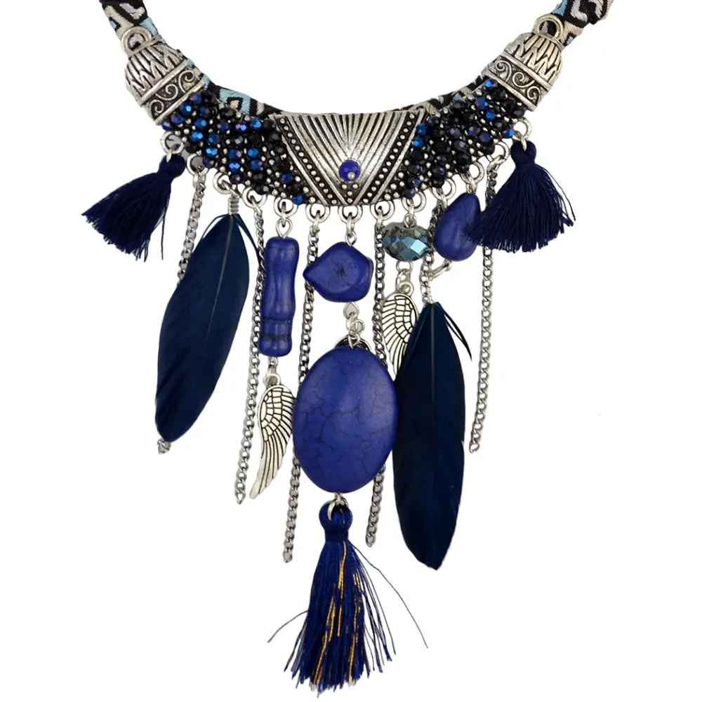 Idealway ручной работы этнические синие коричневые перья кулон ожерелье из кожаной цепи для женщин богемные вечерние юбилейные племенные ювелирные изделия