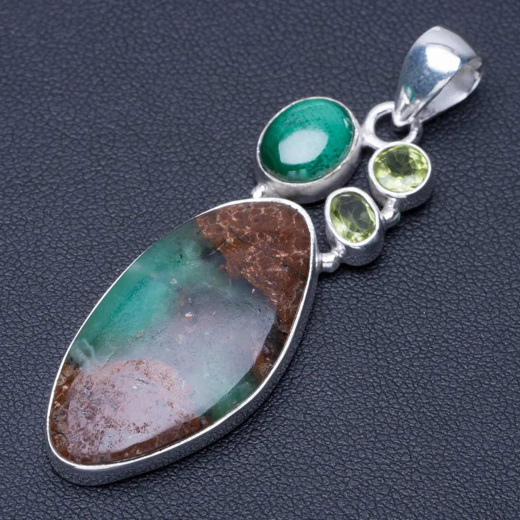 

Natural Malachite,Peridot and Australian Chrysoprase Punk 925 Sterling Silver Pendant 2 1/4" Q0734
