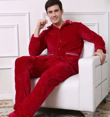Пижама Мужская зимняя утепленная теплая Пижама Мужская пижама Коралловая бархатная Пижама среднего возраста для отца Мужская пижама для отдыха - Цвет: Красный