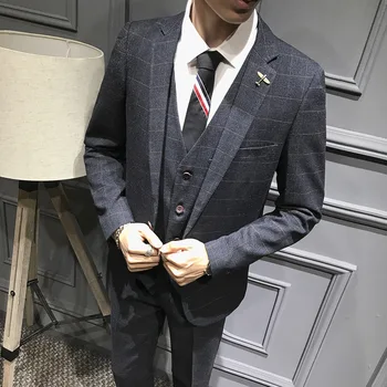 

3pcs Suits for Men 2019 New Fashion Men's Blazers Sets Plaid Slim Fit Business Casual Suit