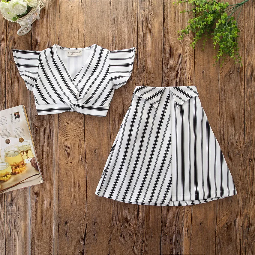 

European and American style casual girls clothes striped skirt two-piece set V-neck flying sleeves chiffon skirt