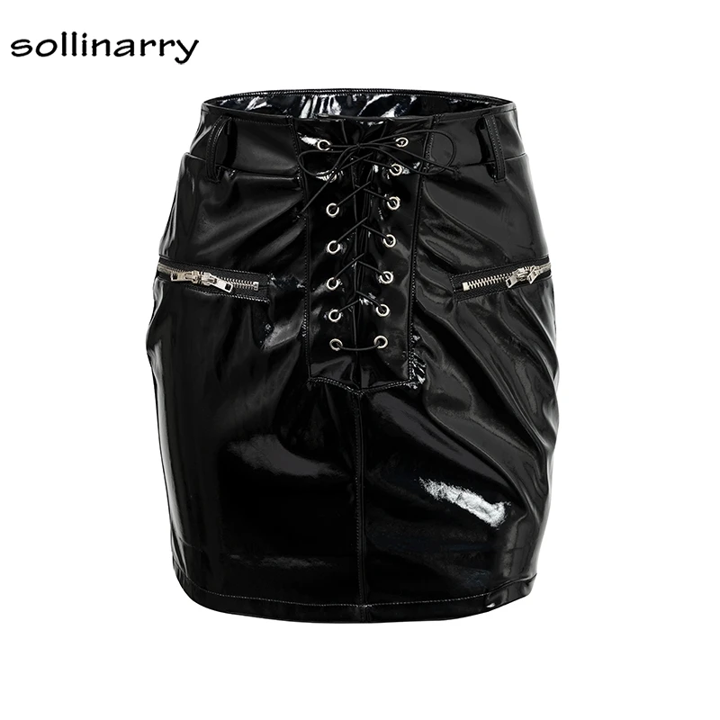 Sollinarry Сексуальная искусственная кожа Bodycon юбки женские на шнуровке и молнии