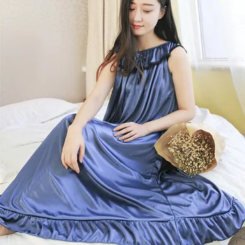 

Sexy Silk Stain Bow Ruffle Sleeveless Women's Long Nightgowns Loose Woman Night Dress Spring Summer Female Nightwear Sleepshirt