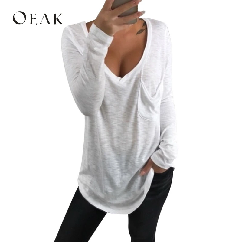 

Oeak Women Long Sleeve V-Neck Tshirt with Pocket Sexy Loose Pullover Tops Casual Summer Fashionable Streetwear Camiseta 2019