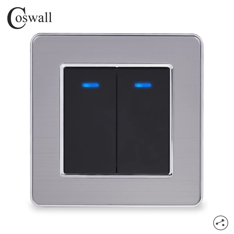 

Coswall 2 Gang 2 Way Light Switch On / Off Wall Switch With LED Indicator Pass Through Switch Switched Stainless Steel Panel