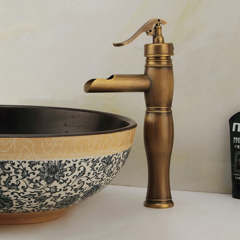 

Рафинированный медный античный смеситель для туалета, раковина с одним отверстием, верхний Смеситель для холодной и горячей воды, кран «Водопад»