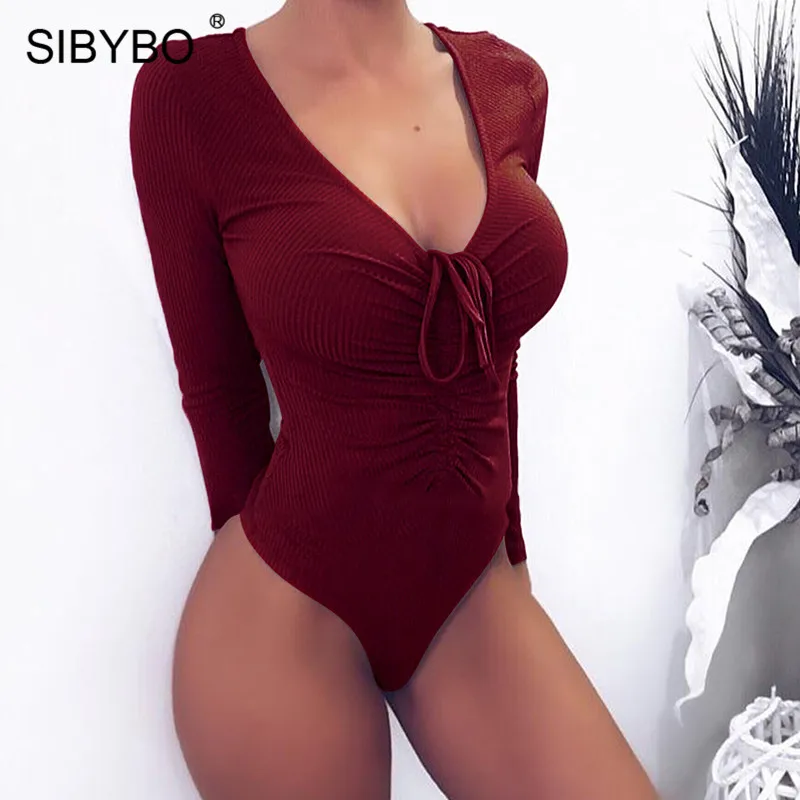 Sibybo осенний хлопковый боди с длинными рукавами для женщин глубокий v образный