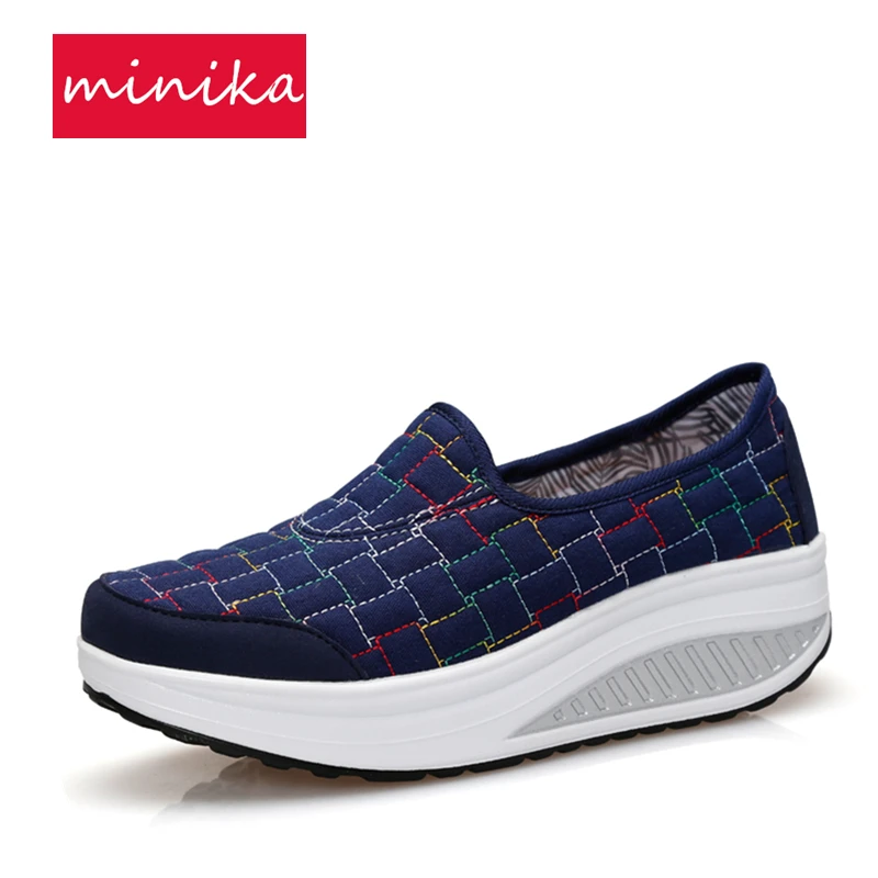 

Canvas Women Toning Shoes Autumn Lattice Thick Soles Women Swing Shoes Platform Height Increasing Slimming Loss Weight Sneakers