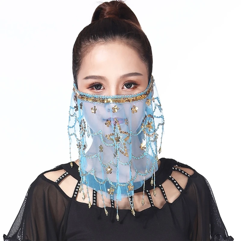 Womens Indian Belly Tribal Costume Scarf Carnival Party Dance Face Veil Sequins Womens Indian Belly Tribal Costume Scarf Carnival Party Dance Face Veil Sequins