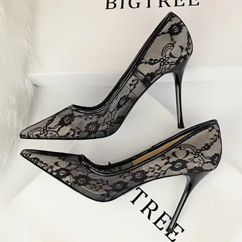 

EOEODOIT Sexy Party Wedding Formal Dress Pumps Women's Stiletto High Heel Shoes Pointed Toe Mesh Cutout Lace Embroidery Pumps