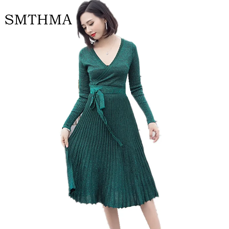 

SMTHMA 2019 winter Runway dress women Bow sash sexy dress Deep V elastic long sleeve sweater dress vestidos