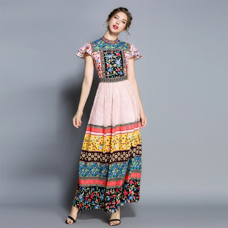 Летнее женское кружевное длинное платье с цветочным принтом, с коротким рукавом и круглым вырезом, женские платья в стиле бохо, большие качели, праздничные платья макси