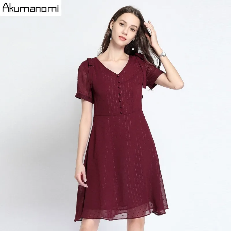 

Chiffon Dress Women Summer High Quality Plus Size 5xl-l Red Wine V-neck Short-sleeve Dress Free Shipping Vestidos De Verano Robe