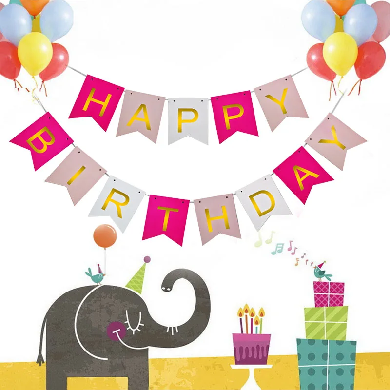 С днем рождения баннер розовое золото бумага Гирлянда звезды воздушные шары DIY