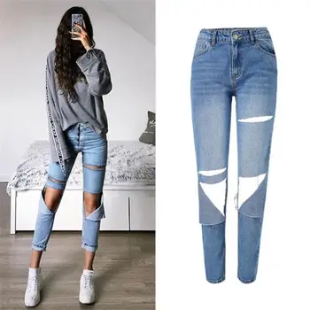 

SupSindy Hot Women jeans Street style High waist Straight mom jeans Punk ladies ripped jeans for women wide Pants denim trousers