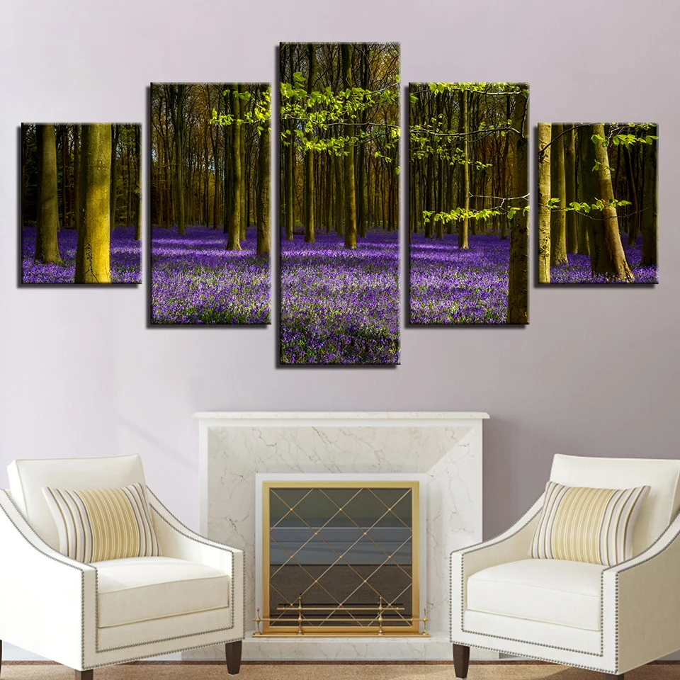 

Framework Art HD Printed Poster Modular Canvas Pictures 5 Pieces Purple Flower Sea And Forest Landscape Painting Decor Home Wall