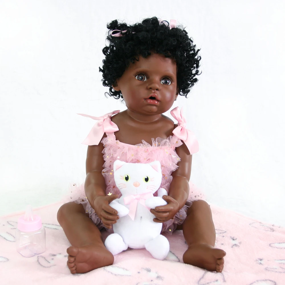 

black skin Silicone Reborn Baby girl Alive 22'' Newborn Baby Dolls Wear 0-3M real baby clothes Truly Kids Playmates bebe reborn
