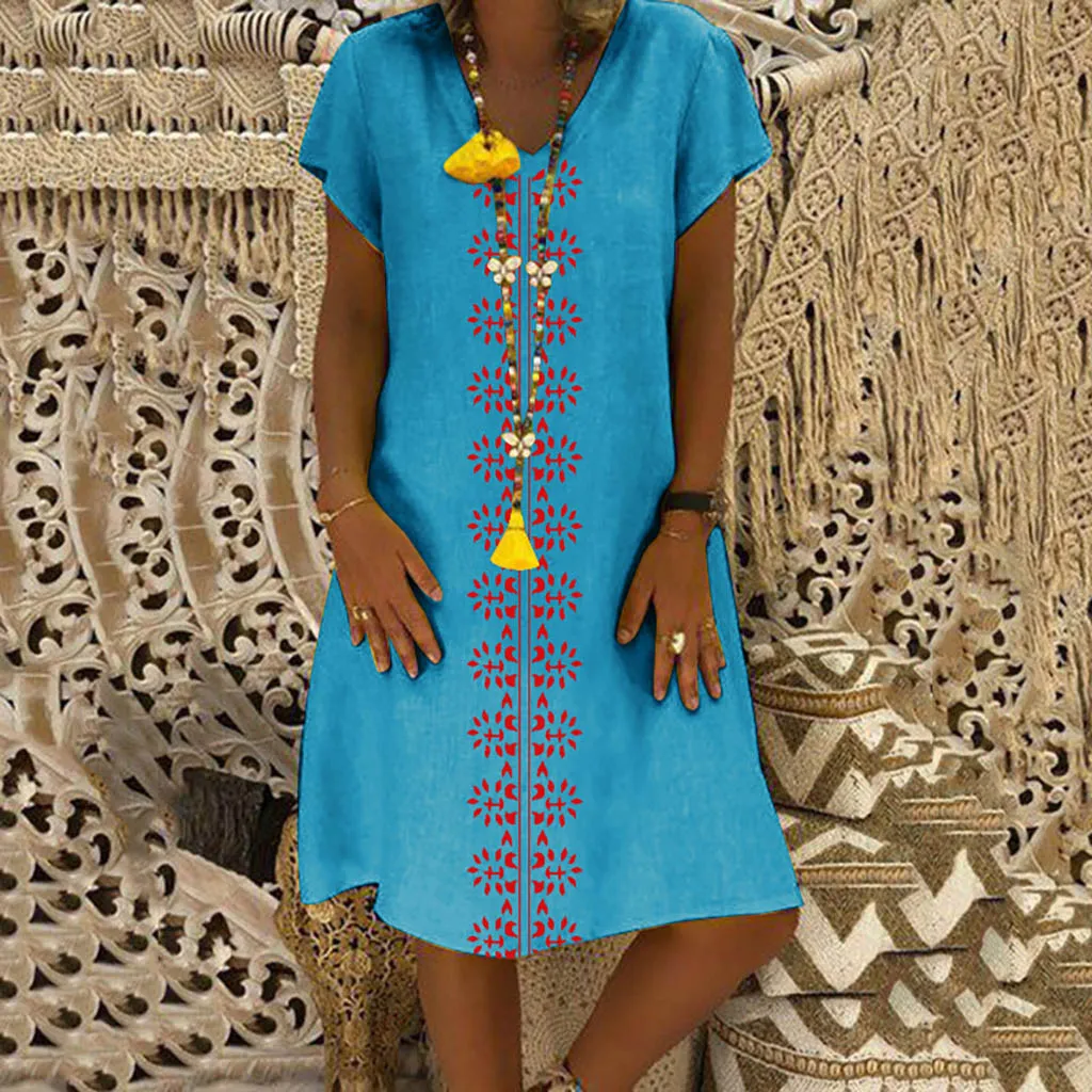 JAYCOSIN новое летнее женское платье размера плюс Стиль с v-образным вырезом с принтом из хлопка и льна с Повседневное размера плюс Пляжное платье 903211