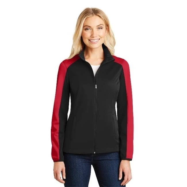 Port Authority L718 Ladies Active Colorblock Soft Shell Jacket Deep Black & Rich Red - Small
