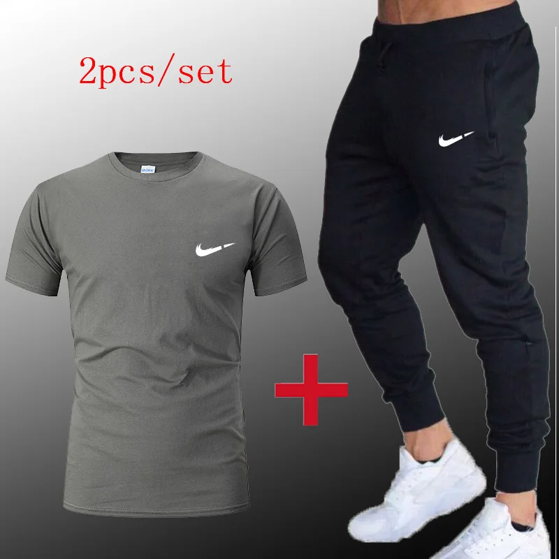 

Cotton New Men's Running Sets Quick Dry Breathable T shirt+Loose Stretch Sweatpants Gym Jogging Fitness training Sports Suit men
