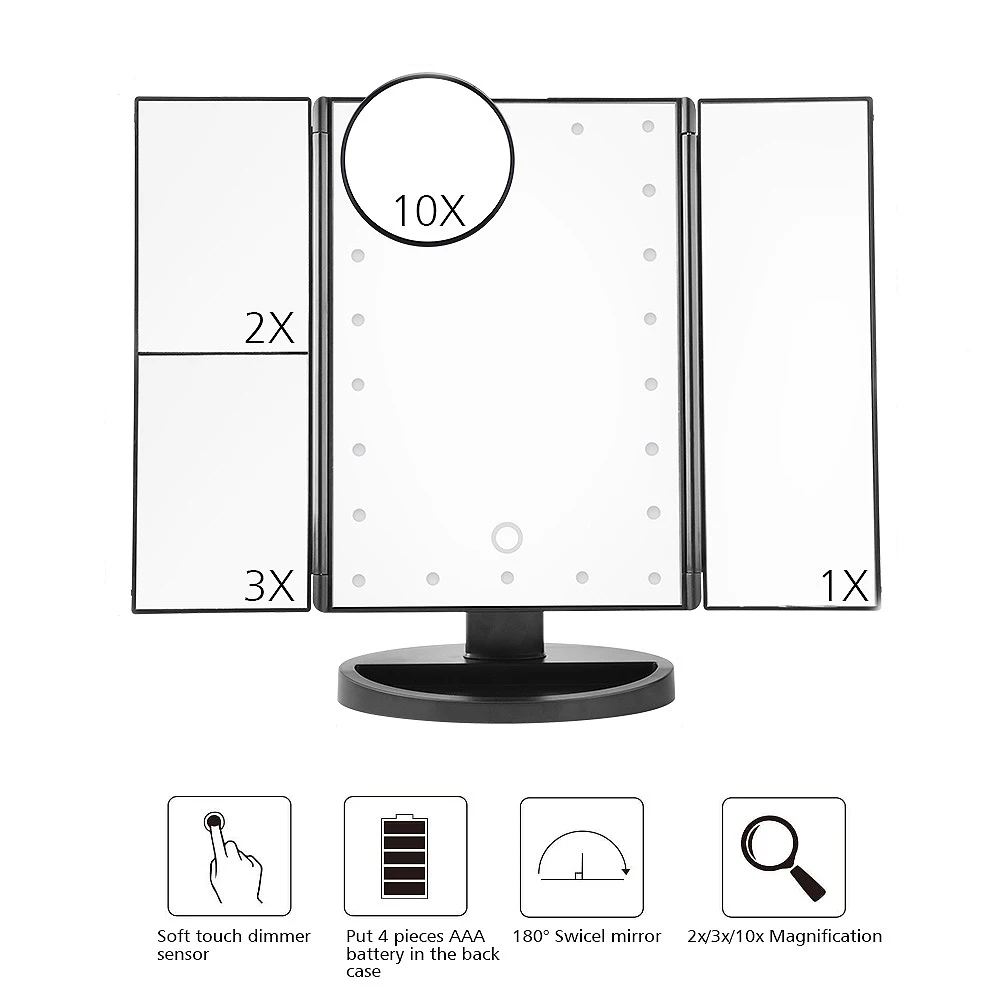 Светодио дный светодиодный пресс-экран 22 света макияж зеркало Настольный макияж 1X/2X/3X/10X увеличительное зеркала Vanity 3 складной регулируемый