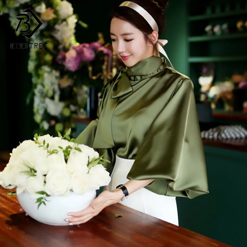 

Spring Women Blouse Korean 2018 Office Lady White Chiffon Long Lantern Sleeve Bow Shirt Casual Loose Stand Collar Blouse T81239A