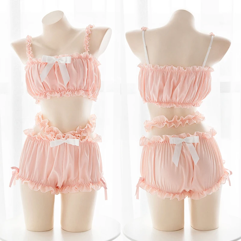 

Japanese Lingerie Cute Ruffled Wrapped Chest Strap Vest Bra Shorts Set Girls Kawaii Fresh and Playful Lace Bread Pants