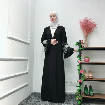 

2019 Women Muslim Abaya Dress Patchwork Black Cardigan Islamic Clothing Beading Mesh Arabic Dubai Turkey Dress Caftan Marocain