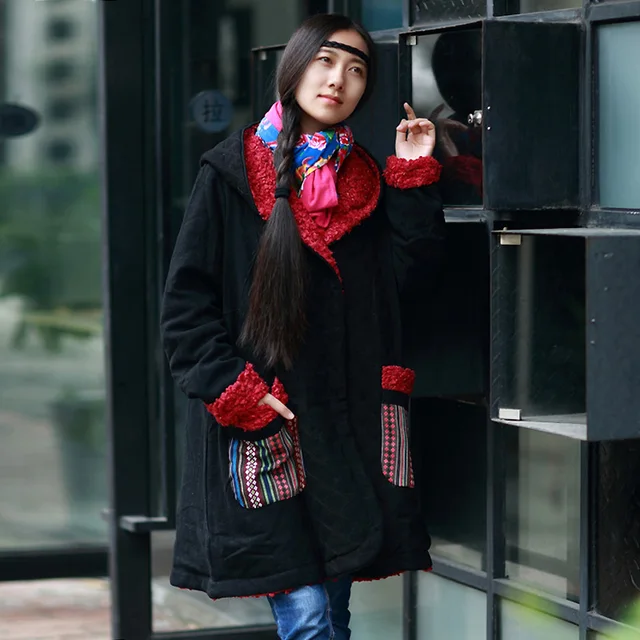 Cheap BOHOCHIC Original Retro Ethnic Cotton Linen Women Warm Parka Bohemian Large Size Loose Female Cloak Coat Black AZ0424D Boho Chic