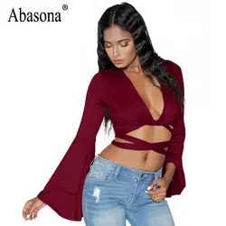 Abasona 2019 женский летний глубокий v-образный вырез полый топ бандажный рукав бабочка Элегантные Топы повседневные Сексуальные вечерние