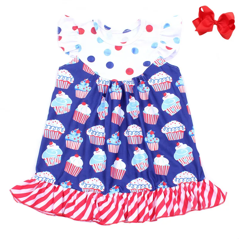 New Arrival girls 4th of July Dress Mini Cake Blue Red Dot Milk Silk Children Summer Clothing with Bow | Детская одежда и обувь
