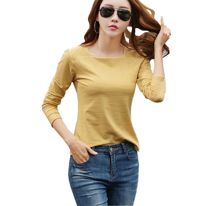 

Shintimes Long Sleeve Cotton T Shirts Women 2018 Autumn Vogue Striped Slim T-shirt Square Collar Tee Shirt Femme Laides Tops