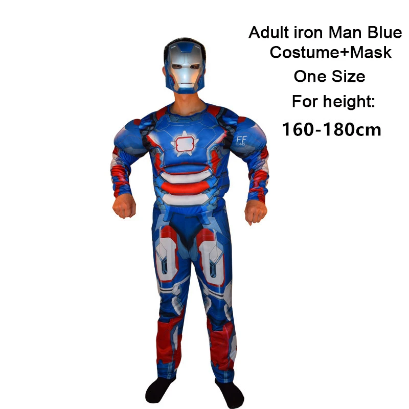 Взрослого человека супергероя «Человек-паук», «Бэтмен», «Супермен», «Капитан Америка», «Халк», «Тор», «Железный человек, мускулы, костюм+ маска для Хэллоуина вечерние шоу - Цвет: Iron man blue
