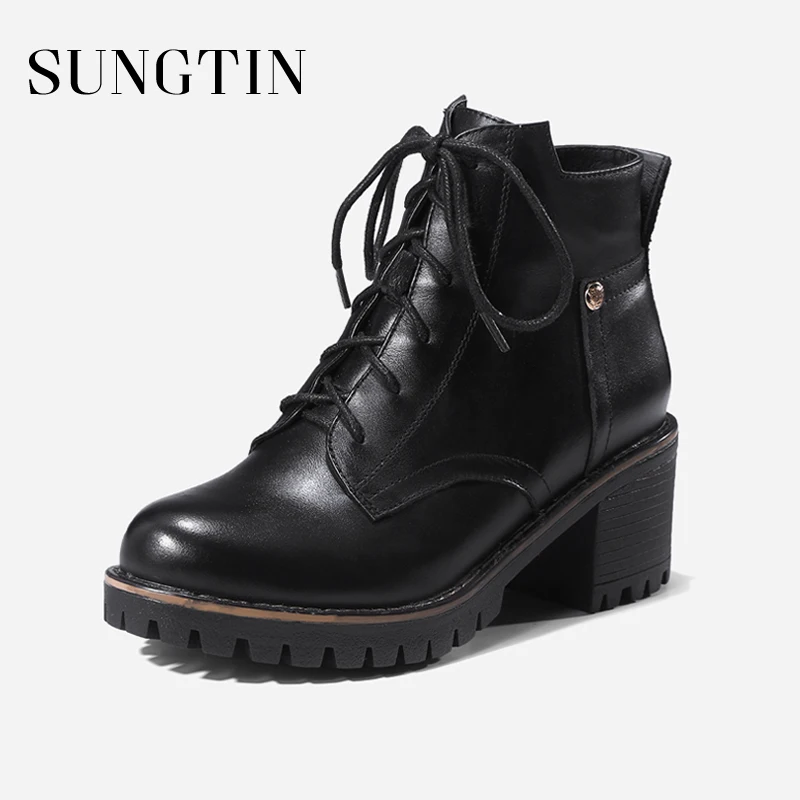

Sungtin New Genuine Leather Black Riding Boots Women Lace Up Plush Warm Winter Short Ankle Boots Ladies Casual High Heel Booties