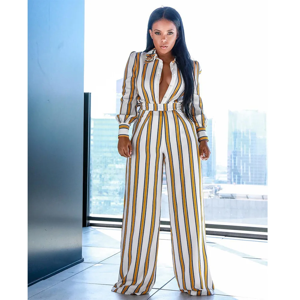 Elegant Vertical Striped Print Women Jumpsuit Casual Long Sleeve Turn