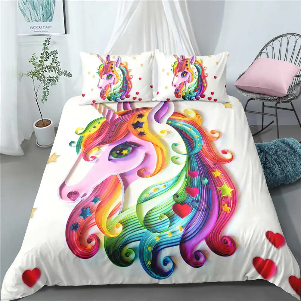 Kids Girls Unicorn Duvet Cover Set Teens Pupils Bedroom Dormitory Bedding Set 