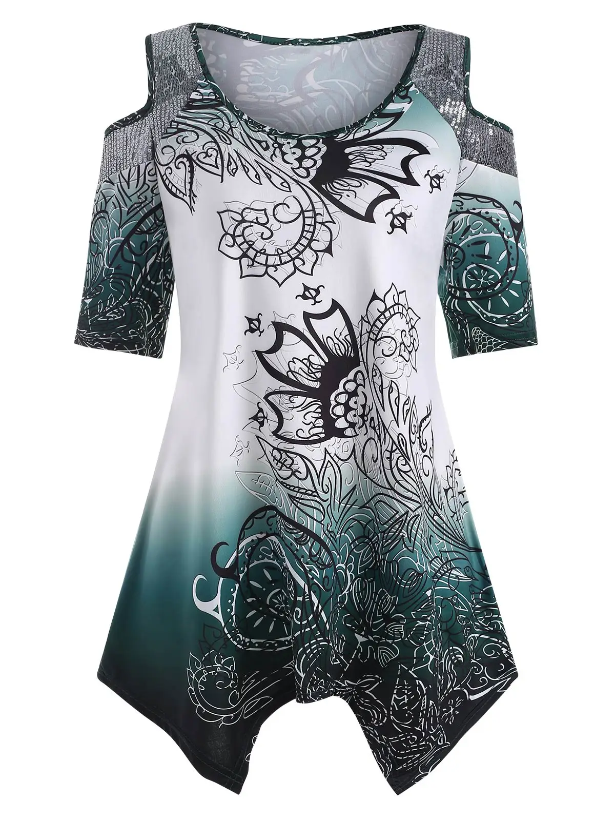 

Rose Gal Large Plus Size Tribal Long Tunic T-Shirt Ethnic Print Retro Ethnic O Neck Cold Shoulder Half Sleeves Summer Shirts Tee