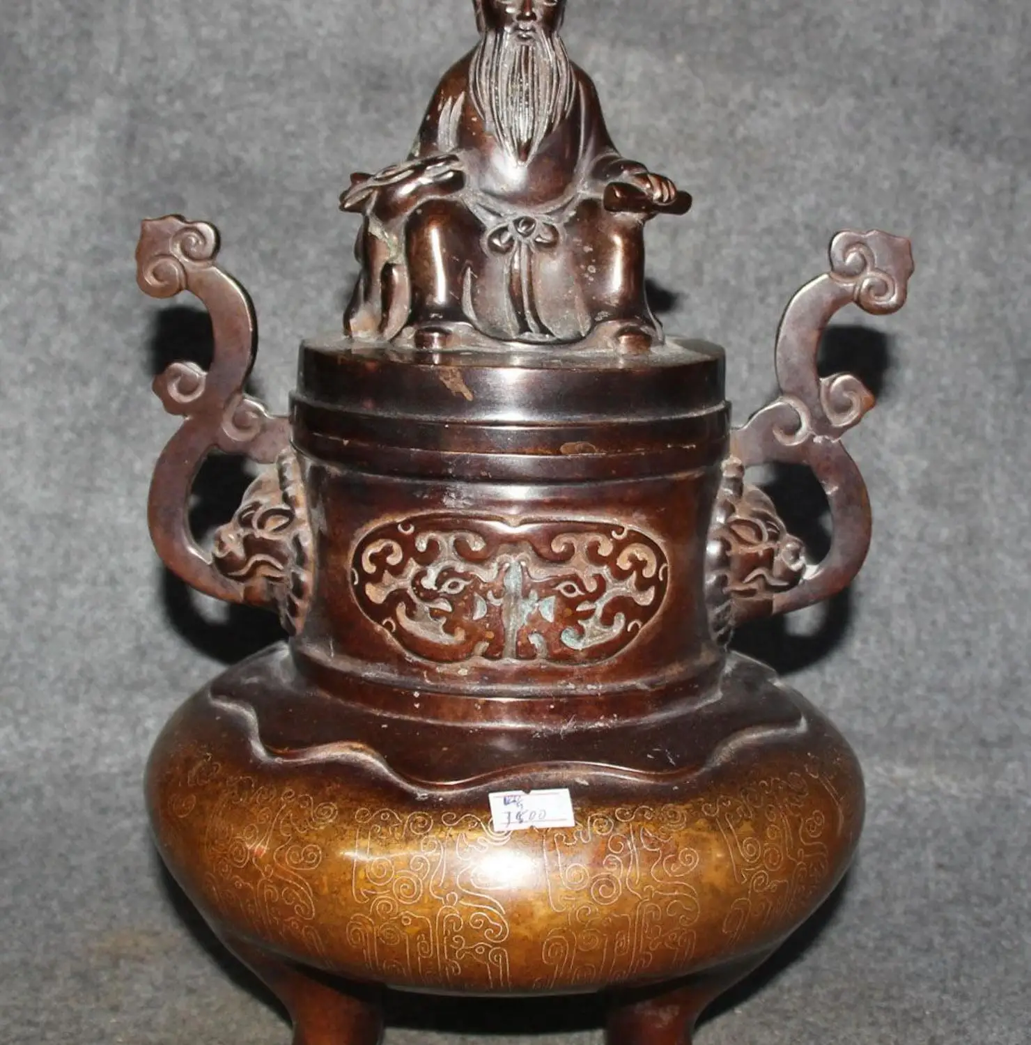 

14" Chinese Purple Bronze Seat Old Man 3 Foot Incense Burner Censer Incensory