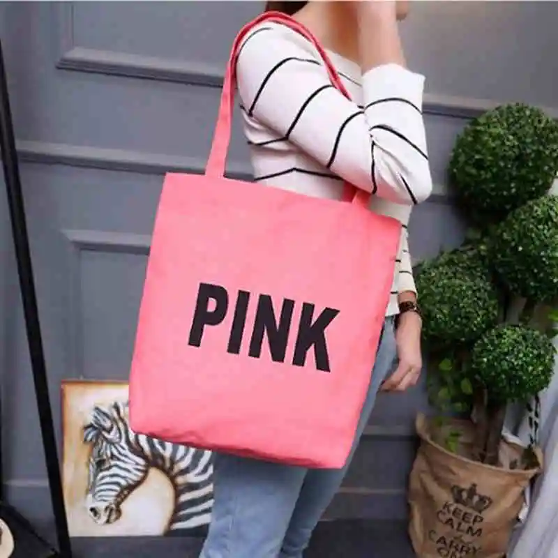 Женская Холщовая Сумка-тоут, модная сумка на плечо, лаконичная сумка с буквенным принтом, тканевая сумка на плечо, дамские хлопковые сумки для покупок - Цвет: Розовый