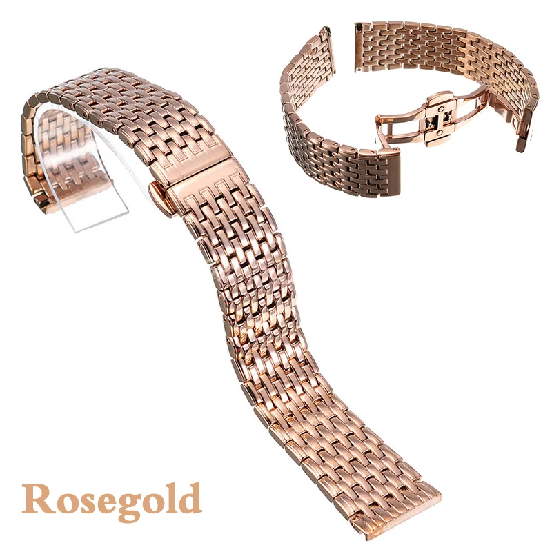 20 22mm Stainless Steel Wrist Watch Band Strap Silver Rose Gold Double Butterfly Clasp Buckle Bracelet For Men Women Relojes